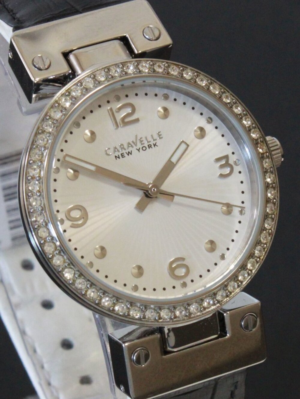 Caravelle Ladies Dress Watch By Bulova Crystal Bezel Reversible Strap 32mm